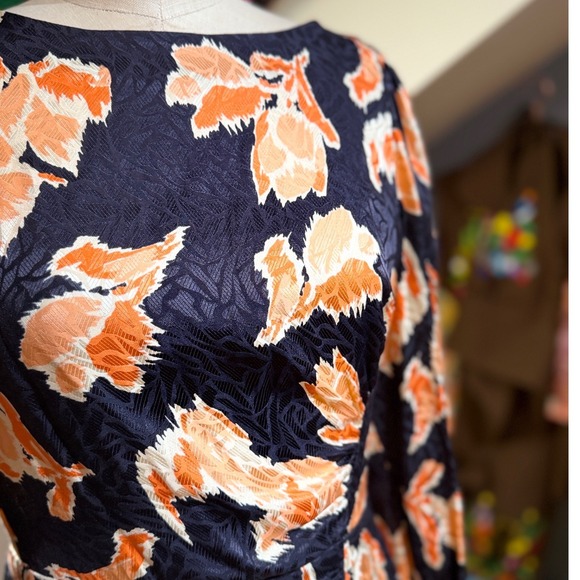 Rebecca Taylor Navy Coral Floral Print Silk Blend Long Sleeve Dress Size 4 - Picture 5 of 8